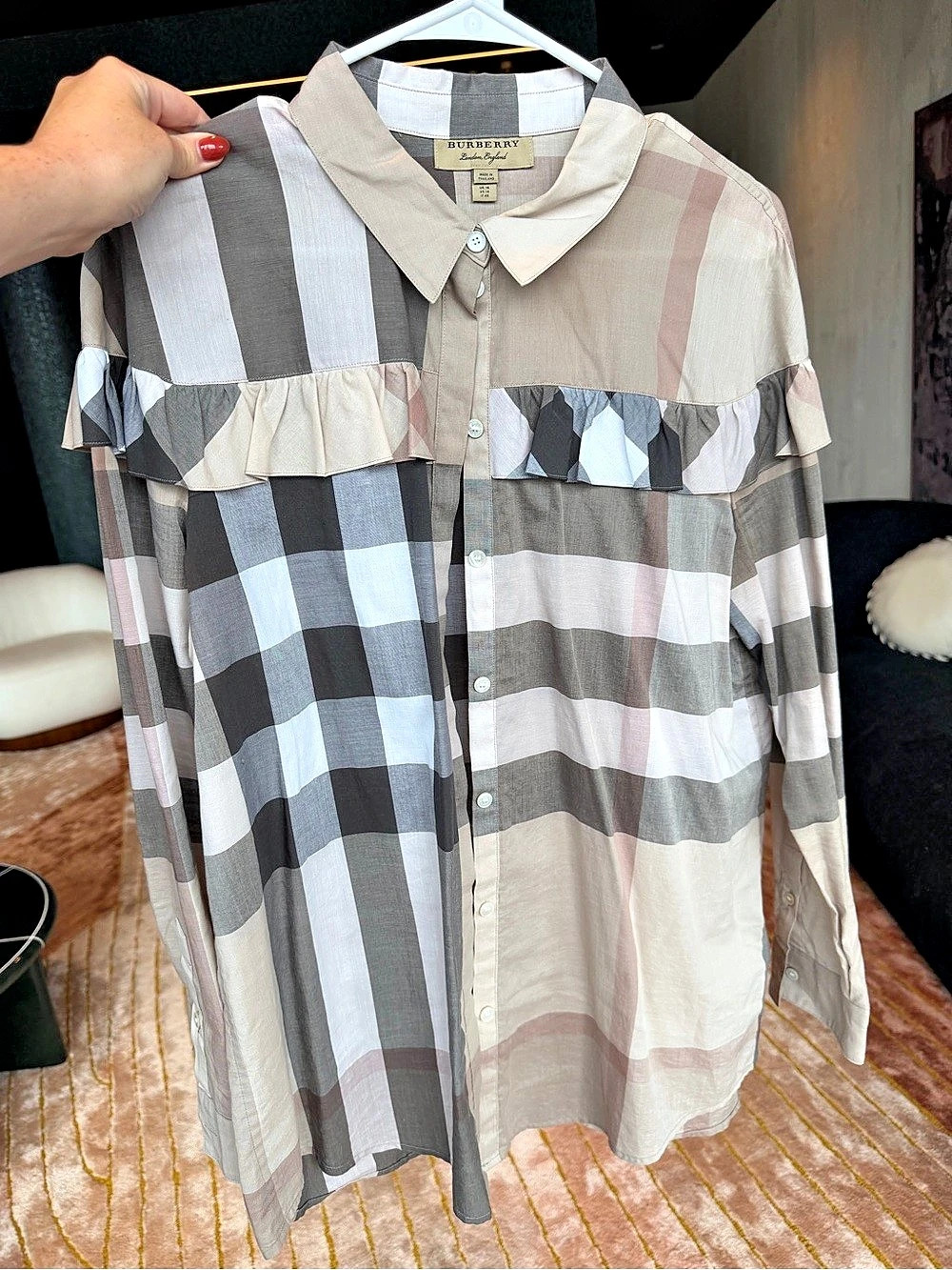 Burberry London Nova Check Ruffle Button Down Shirt Blouse Women’s US 14
